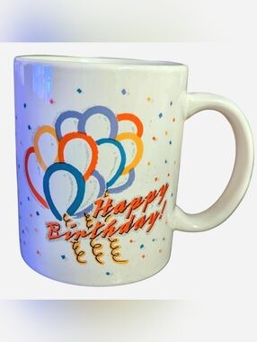 Vintage 1998 Y2K Happy Birthday Mug Rainbow Party Balloons Ivory Ceramic